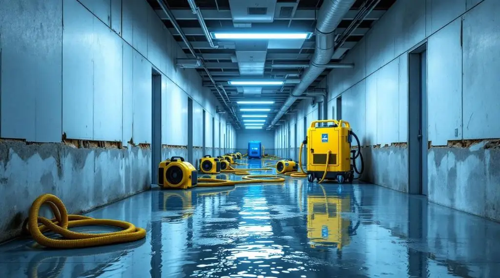 Commercial water extraction crew using industrial air movers and dehumidifiers in an Irvine office building.