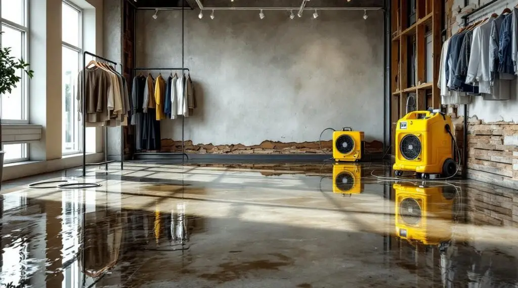Commercial water extraction technicians drying a flooded retail showroom floor in Irvine using industrial air movers.