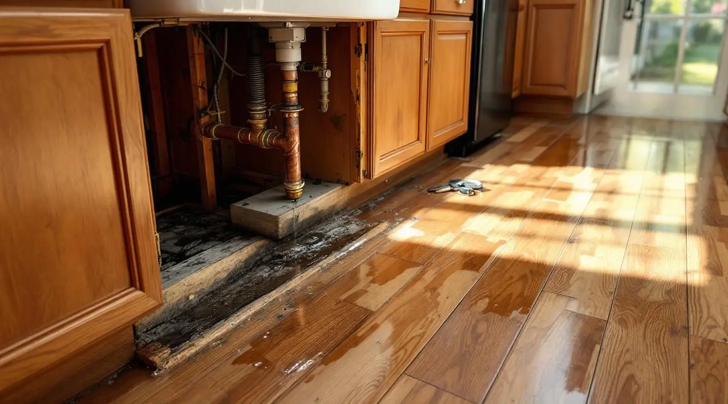 Technician drying water-damaged cabinets under a kitchen sink in an Irvine home using professional restoration equipment.