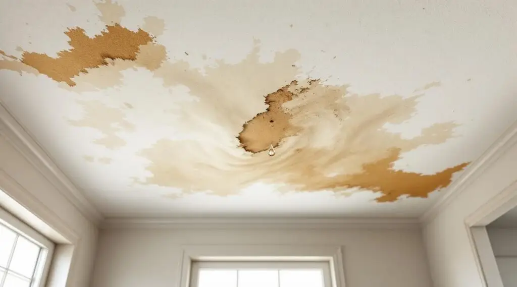 A restoration technician using a moisture meter to inspect a sagging, water-stained ceiling in an Irvine home.