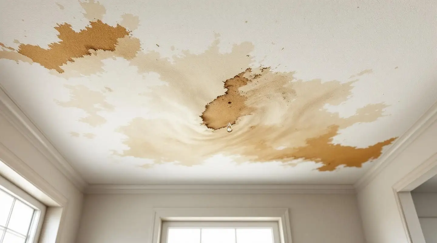 A restoration technician using a moisture meter to inspect a sagging, water-stained ceiling in an Irvine home.