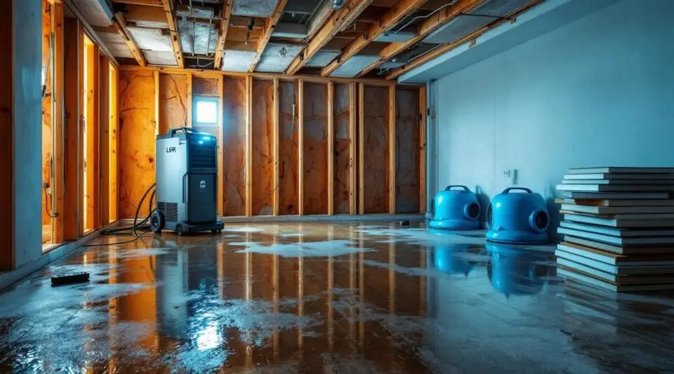 Homer Water Restoration technician using water extraction equipment on a flooded hardwood floor in an Irvine home.