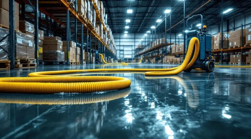 Professional water extraction crew drying a flooded concrete warehouse floor with industrial equipment in Irvine.