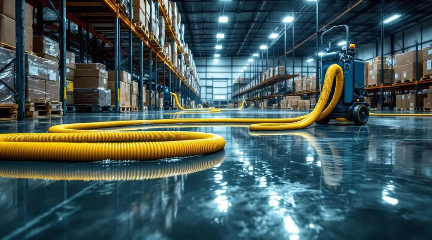 Professional water extraction crew drying a flooded concrete warehouse floor with industrial equipment in Irvine.