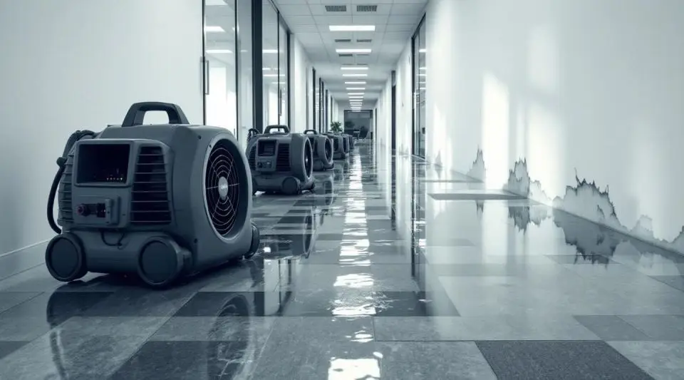 Commercial restoration crew extracting water from a flooded Irvine office building lobby with professional extraction tools.