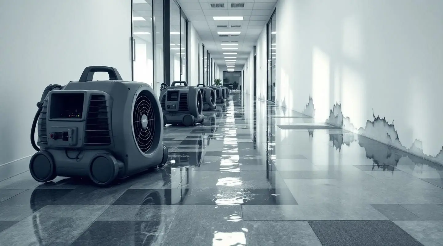 Commercial restoration crew extracting water from a flooded Irvine office building lobby with professional extraction tools.