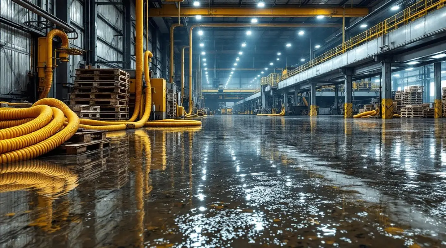 Homer Water Restoration technicians extracting water from a flooded Irvine warehouse floor using industrial truck-mount equipment.