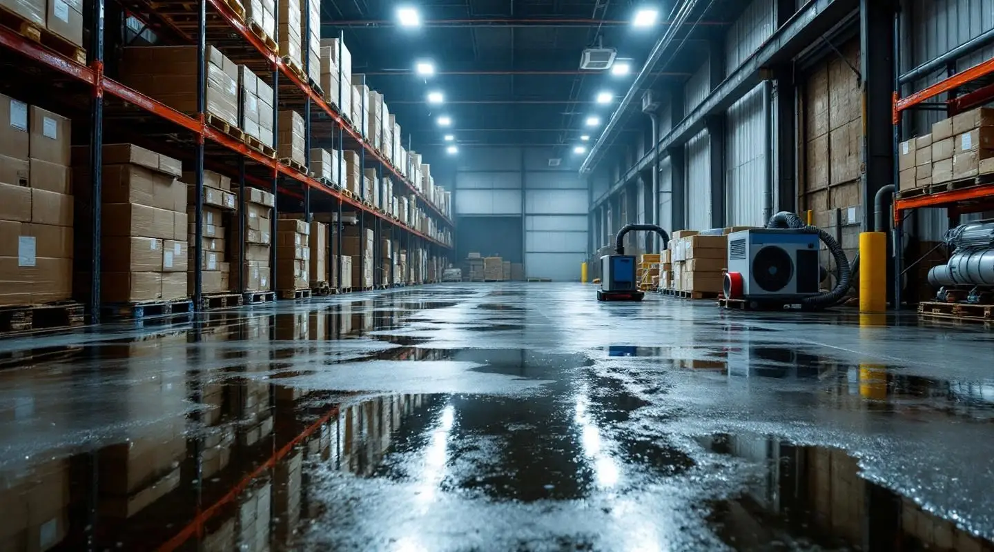Commercial water extraction crew using industrial air movers inside a flooded Irvine warehouse facility.