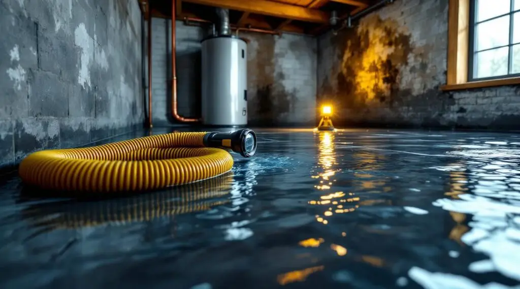 Homer Water Restoration technician extracting standing water from a flooded Irvine home hallway using a professional wet vac.
