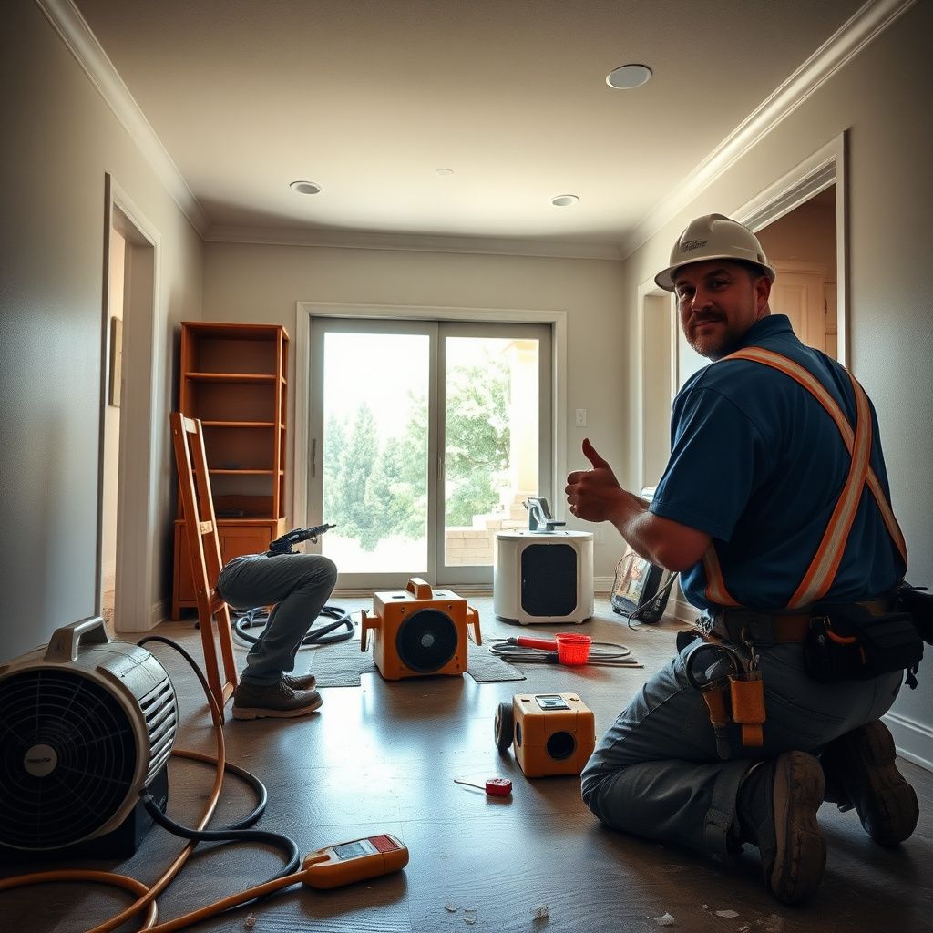 An IICRC-certified technician adjusting an industrial air mover in a residential living room to dry water-damaged flooring.