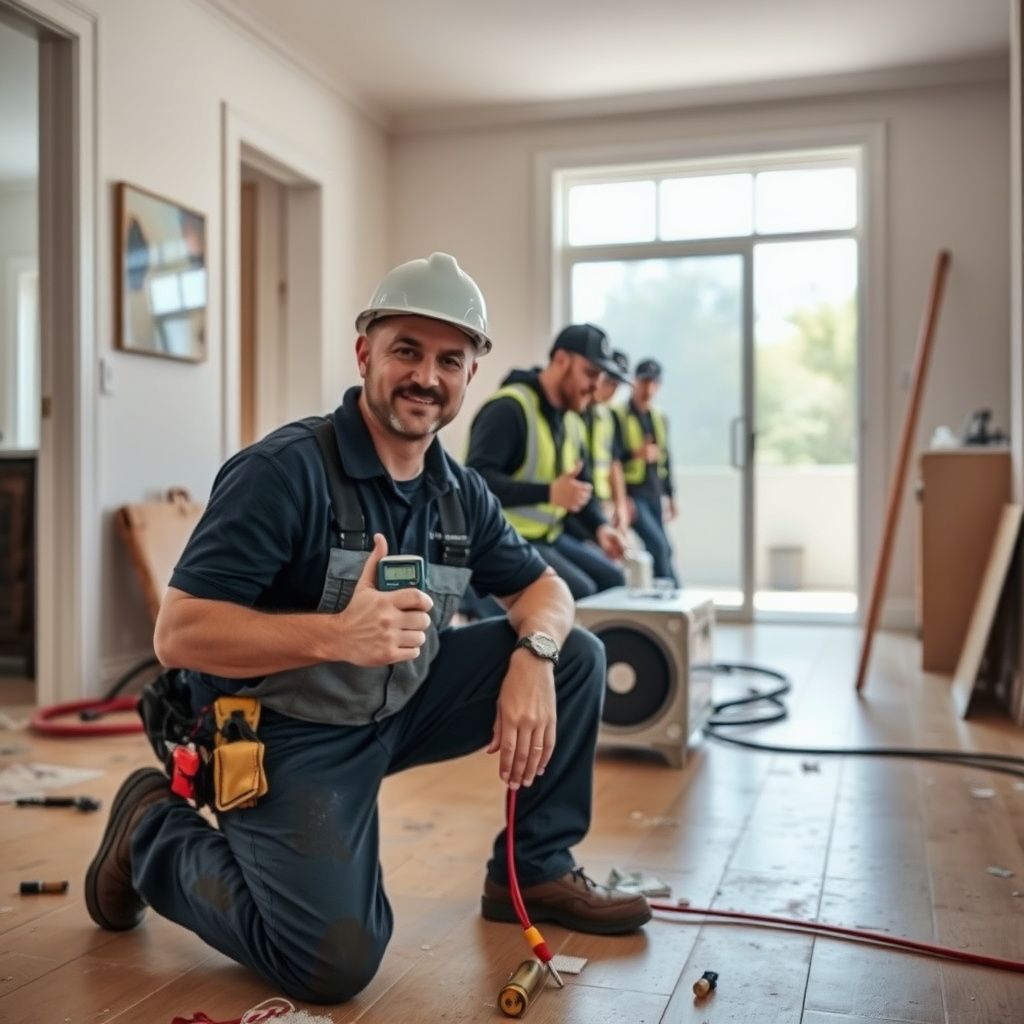 Commercial-grade desiccant dehumidifiers and air movers set up for structural drying inside a Costa Mesa home.