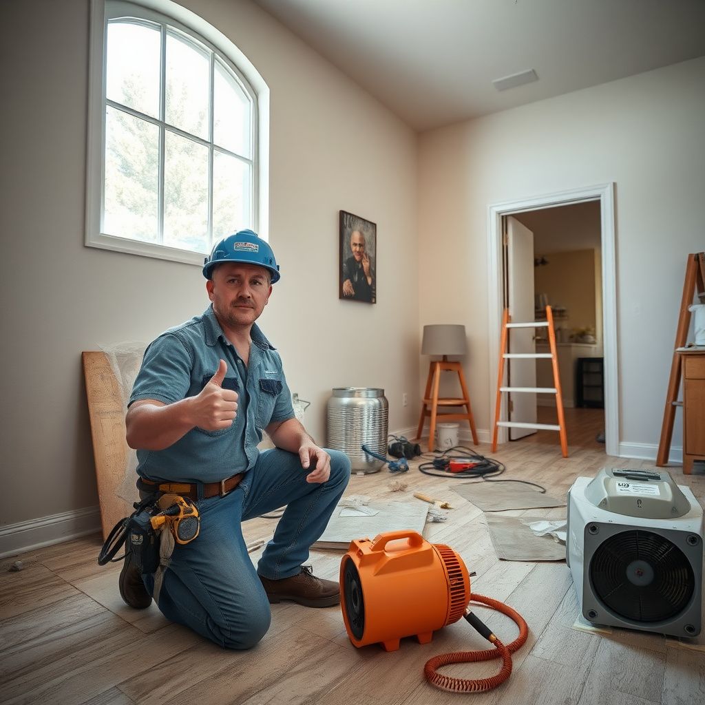 A restoration technician setting up an industrial dehumidifier in a Tustin home.