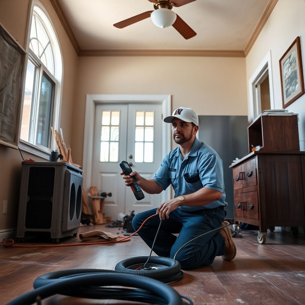 Industrial air movers and a dehumidifier drying out a water-damaged concrete slab floor in a Garden Grove home.