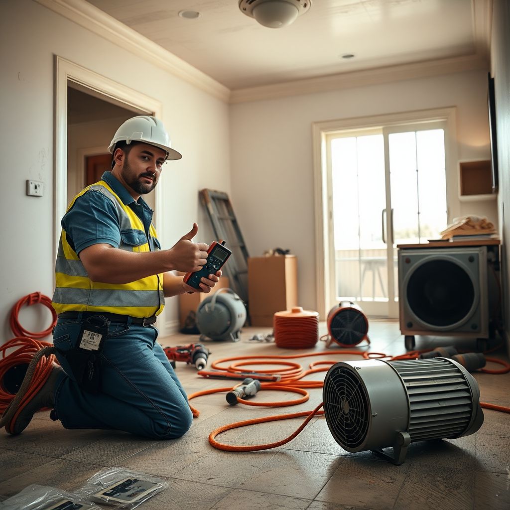 A high-capacity commercial dehumidifier operating in a residential hallway with moisture meters placed on the drywall.