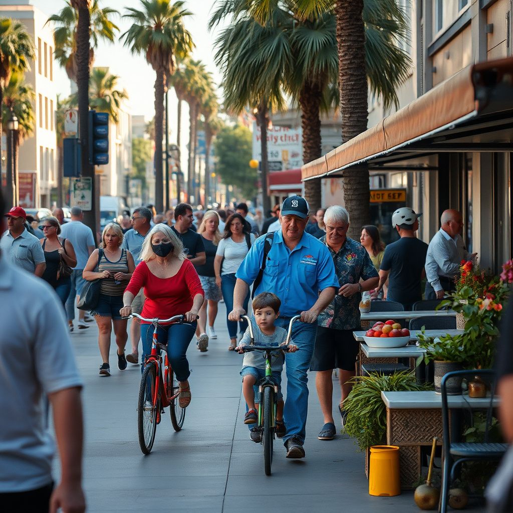 A scenic view of the historic Anaheim Colony District streetscape with palm trees, historic homes, and clear blue skies.