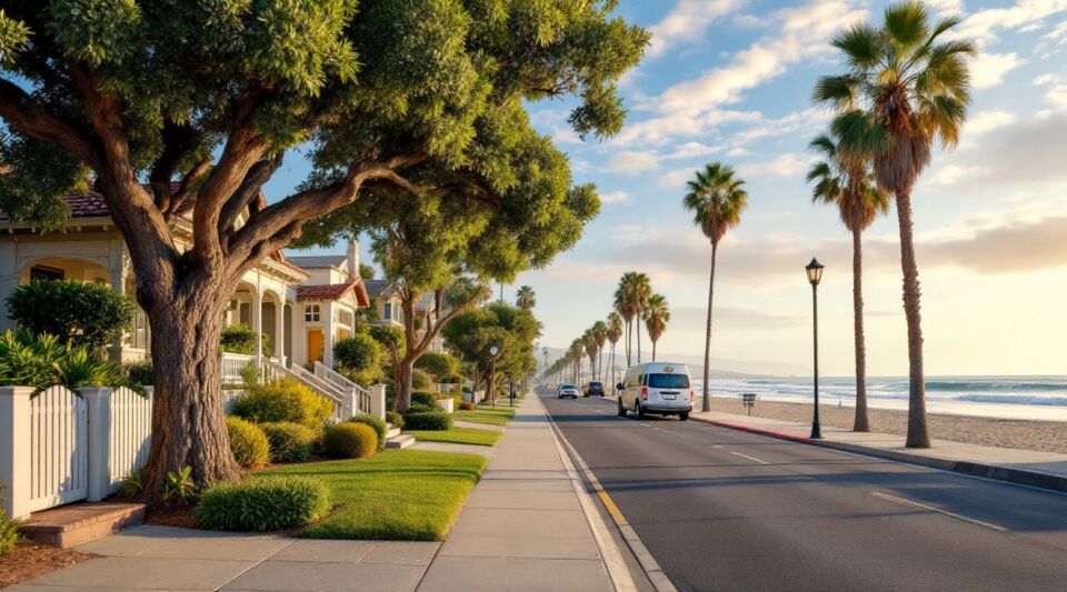 A service vehicle parked along a palm-lined Huntington Beach street near stucco homes under a marine layer sky.