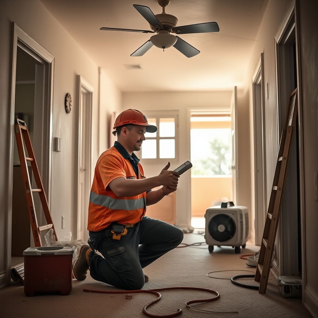 An IICRC-certified technician using a thermal imaging camera to detect hidden moisture behind a stucco wall in a Santa Ana home.