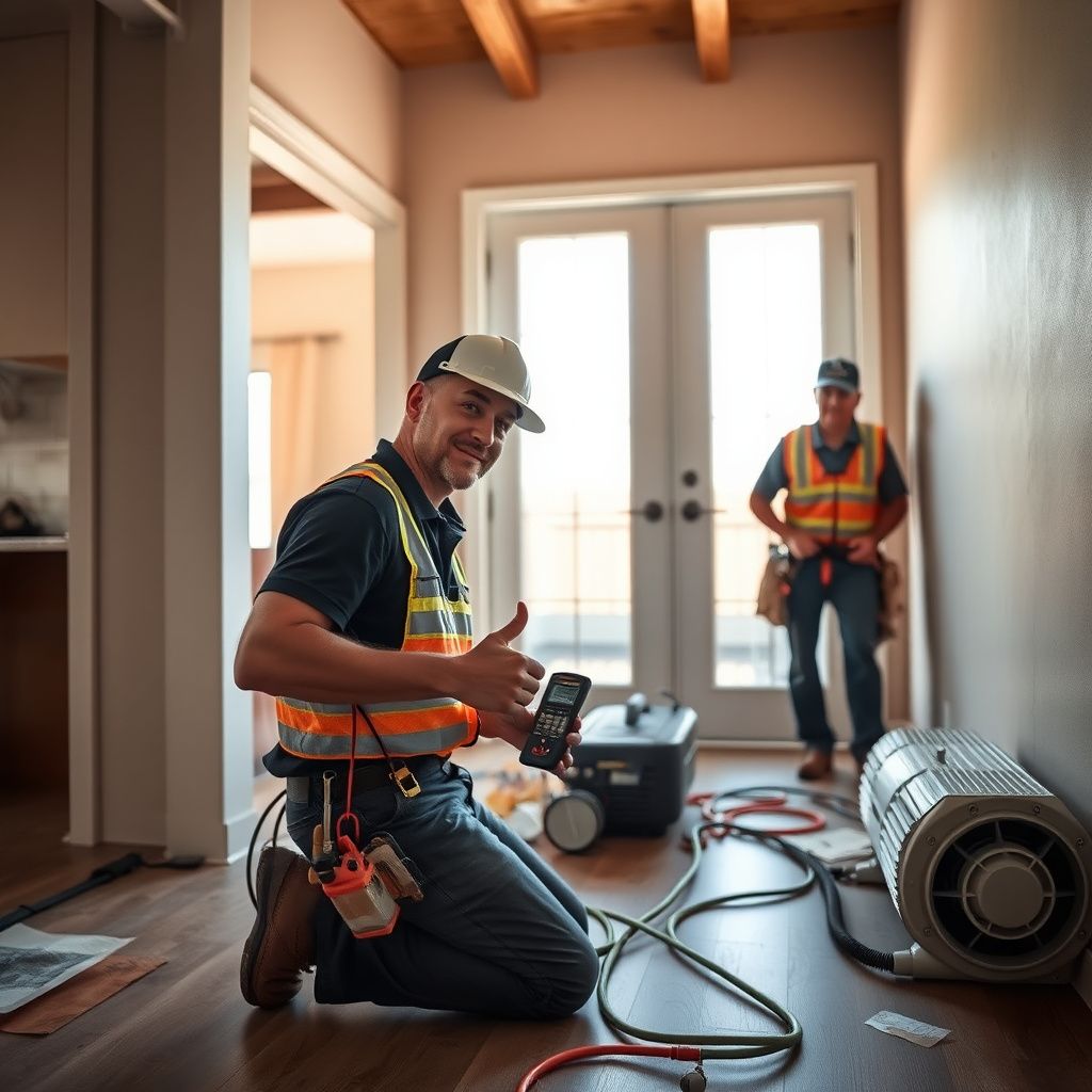 An IICRC-certified technician monitoring moisture levels on a tiled floor in an Irvine home.