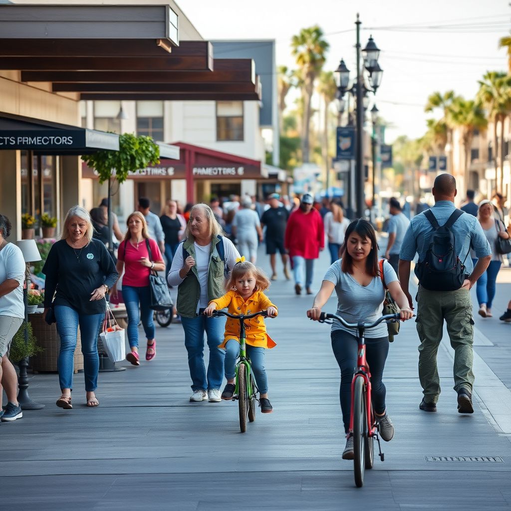 A scenic view of historic Main Street in Garden Grove, California, showcasing classic storefronts and palm trees under a bright afternoon sun.